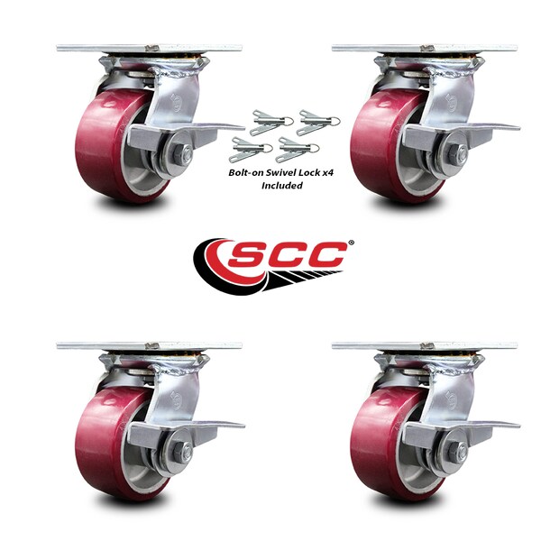 4 Inch Poly on Aluminum Caster Set with Roller Bearings and Brakes/Swivel Locks